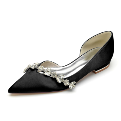 Zwarte comfortabele platte schoenen van satijn met uitgesneden platte D'orsay-schoenen met strassteentjes