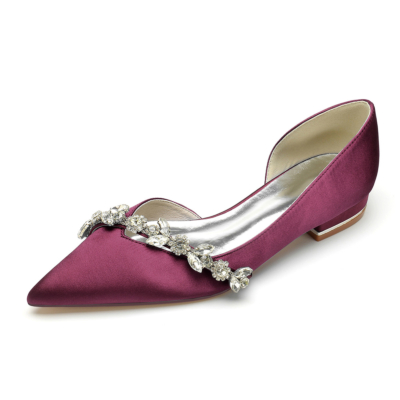 Burgundy Comfy Satin Flats Cut Out D'orsay platte schoenen met strass steentjes
