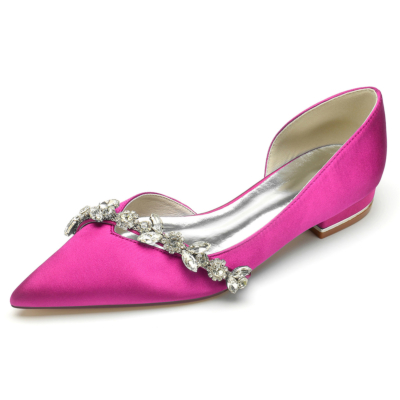 Magenta comfortabele platte schoenen van satijn met uitsnijding D'orsay platte schoenen met strass steentjes