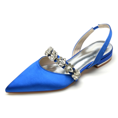 Koningsblauwe satijnen strass platte schoenen puntige neus slingbacks platte schoenen