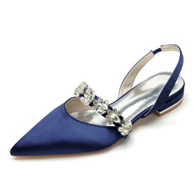 Marineblauwe satijnen strass-platte schoenen Puntige teen Slingbacks-platte schoenen