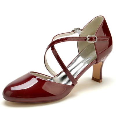 Burgundy Criss Cross Mary Jane D'orsay kleedt schoenen met blok lage hakken