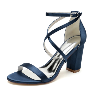 Donkerblauwe gekruiste riem satijnen sandalen dikke hakken bruiloft sandaal schoenen