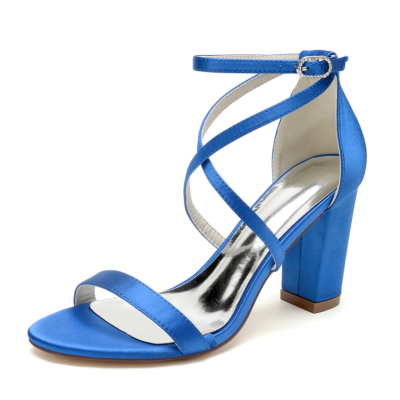 Koningsblauwe gekruiste riem satijnen sandalen dikke hakken bruiloft sandaal schoenen