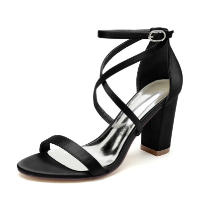 Zwarte gekruiste riem satijnen sandalen dikke hakken Weding sandaal schoenen