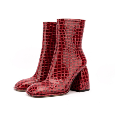 Rode krokodillenprint blokhak laarzen vierkante teen enkellaarsjes met zijrits