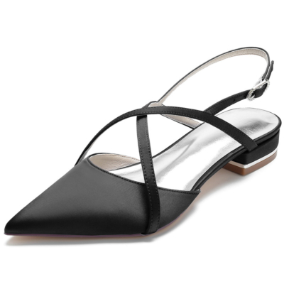Zwarte gekruiste satijnen slingback flats puntige teen backless platte schoenen
