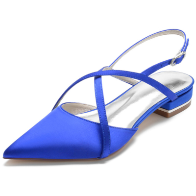 Koningsblauw gekruiste satijnen slingback flats puntige teen backless platte schoenen