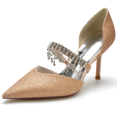 Champagne kristal verfraaid riem D'orsay pumps schoenen glitter naaldhakken voor bruiloft
