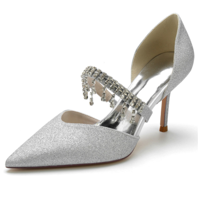 Zilveren kristallen verfraaide riem D'orsay pumps schoenen Glitter naaldhakken voor bruiloft