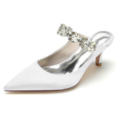 Witte kristallen riem muilezel schoenen satijnen bruidsjurk pompen lage hakken