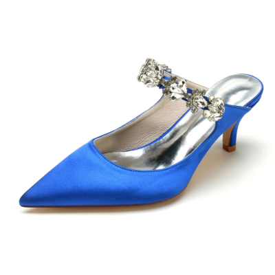 Royal Blue Crystal Strap Mule Shoes Satijnen bruidsjurk Pumps Lage hakken