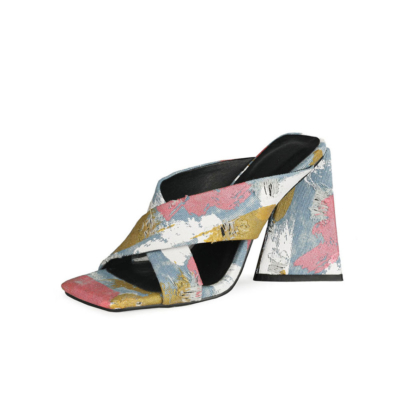 Kleurrijke Denim Cross Strap Mule Sandalen Chunky Heels Slide Shoes
