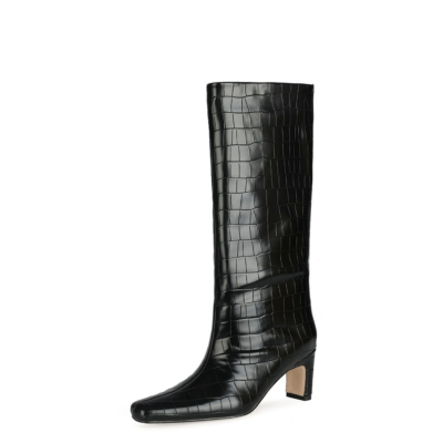 Zwarte herfst krokodillenprint brede kuit hoge laarsjes vierkante teen lage hak kniehoge laarzen voor dames