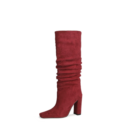 Bourgondische Slouch Boots Chunky Heeled Pull On Knie Hoge Laarzen