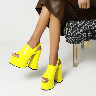 Neon gele mode gestreepte open teen platform sandalen met dikke hak en gesp Slingback