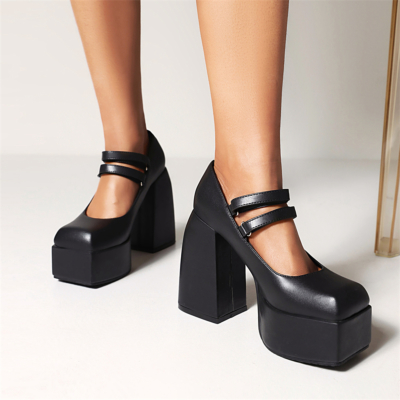 Zwarte Mary Janes-schoenen met dikke hak en dubbele bandjes met vierkante neus