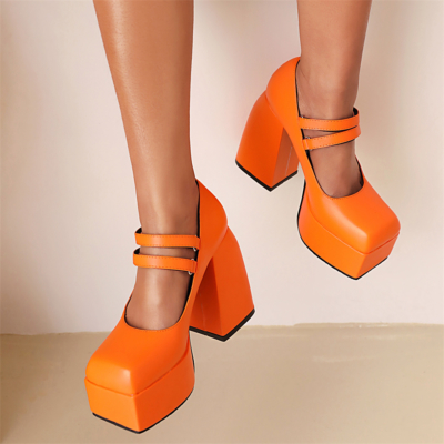 Oranje Platform Mary Janes Chunky Heel Dubbele Bandjes Vierkante Teen Schoenen