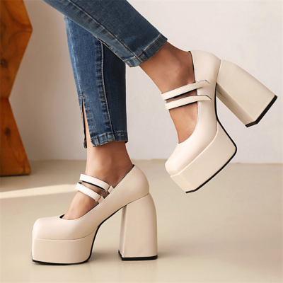 Witte Mary Janes-schoenen met dikke hak en dubbele bandjes met vierkante neus