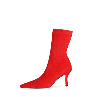 Red Fashion Suède Elastische Sok Stiletto Enkellaarsjes Puntige Teen Hakken