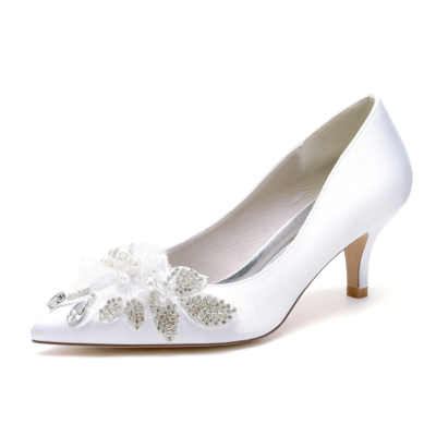 Witte bloem juwelen pumps kitten hakken satijnen bruidsmeisjes trouwschoenen