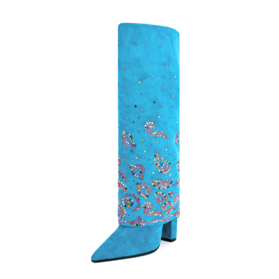 Blauwe vouwlaarzen Kleurrijke kniehoge laarzen met blokhak en pailletten voor een feestje