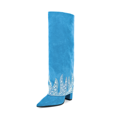 Blauwe vouwlaarzen kniehoge laarzen met paillettenblokhak voor feesten