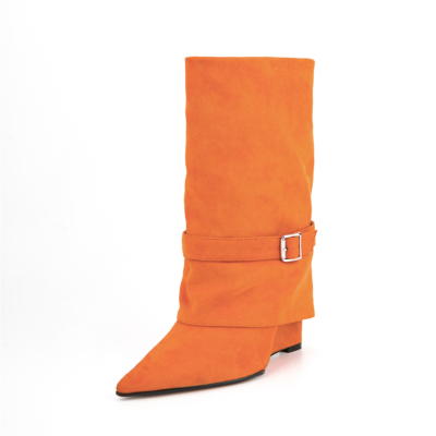 Oranje opvouwbare halfhoge laarzen sleehak dameslaarzen