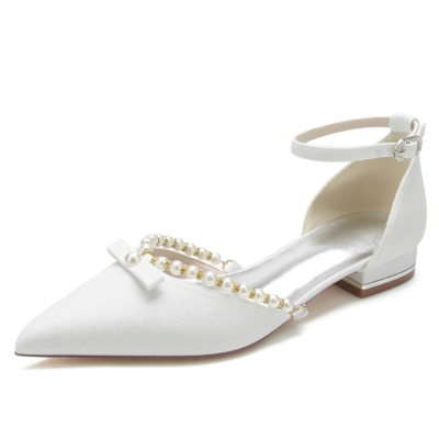Witte glitter strik en parel puntige teen enkelbandje platte schoenen
