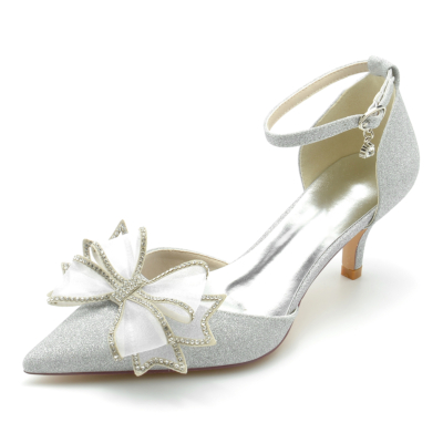 Zilveren Glitter Bow Pumps D'orsay Kitten Heels schoenen met lovertjes voor bruiloft
