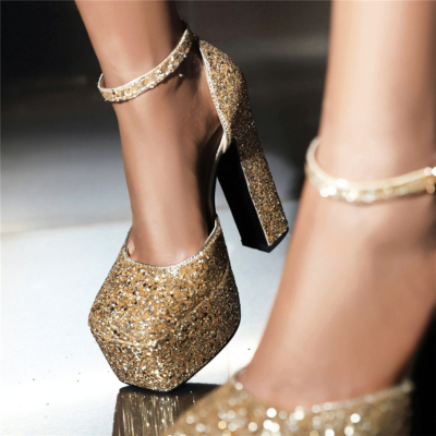Glitter D'orsay pumps, blokhakken met pailletten, jurken met enkelbandje, schoenen