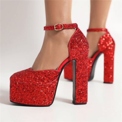 Rode glitter D'orsay pumps, blokhakken met pailletten, jurken met enkelbandje, schoenen