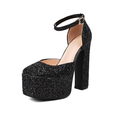 Zwarte glitter D'orsay pumps, blokhakken met pailletten, jurken met enkelbandje, schoenen