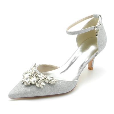 Zilveren glitter verfraaide D'orsay-pumps Kitten Heels-schoenen met enkelbandje