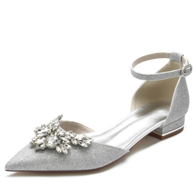 Zilveren glitter juwelen D'orsay flats enkelbandje strass trouwschoenen