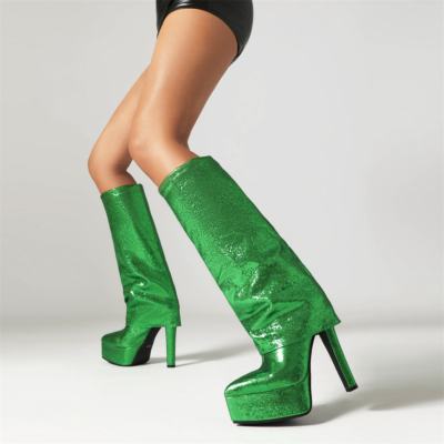 Groene glitter puntige neus stiletto hak platform over de knie laarzen