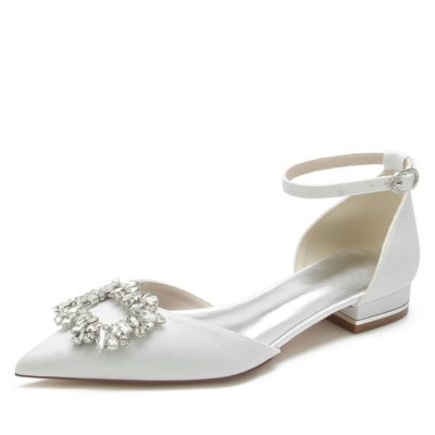 Witte Glitter Strass Gesp Enkelbandje D'orsay Flats Comfortabele platte schoenen