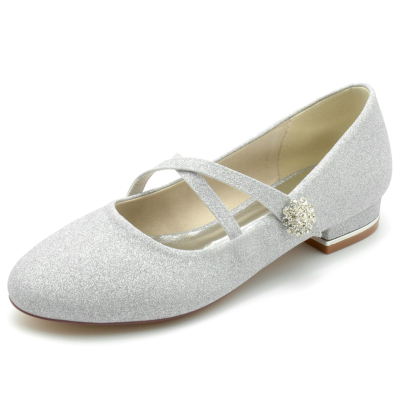 Zilveren glitter Mary Jane flats trouwschoenen met ronde neus en kruisband