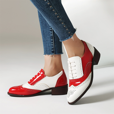 Red and White Wingtip Round Toe Lace up Dress Flat Women's Oxford Shoes