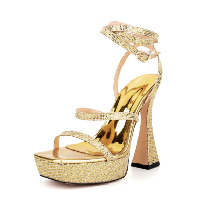 Golden Glitter Strappy Platform Sandalen Spool Hakken Pailletten Schoenen