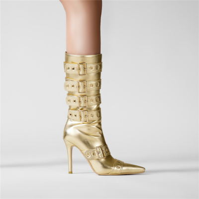 Gouden metallic kniehoge laarzen met bandjes en stilettohak-gesp-jurklaarzen