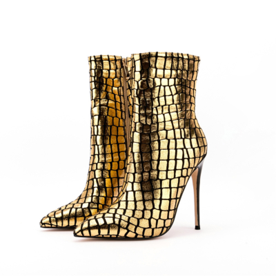 Goud metallic slangenprint stiletto laarzen 5 inch hoge hak jurk enkellaarsjes