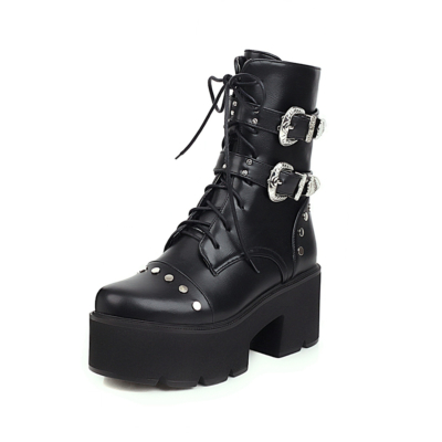 Black Gothic Platform Combat Boots voor vrouwen Metal Stud Chunky Heel Enkellaarsjes Cosplay