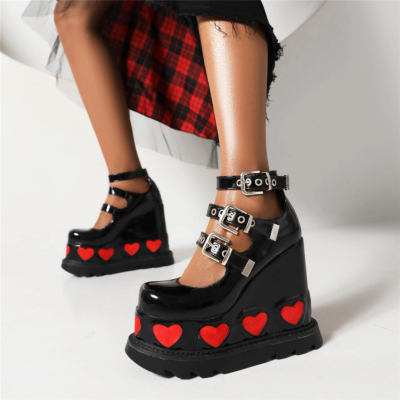 Zwart patent Heart Platform schoenen met dikke hak en drievoudige gesp Mary Jane