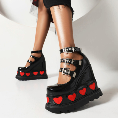 Gothic Heart Platform Chunky Heel Driedubbele riem gesp schoenen Mary Jane
