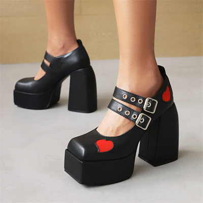 Zwarte Mary Janes Platform Chunky High Heels Hartvormige Twin Strap Buckle Heels