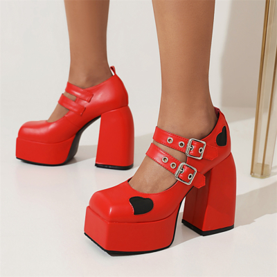 Rode Mary Janes Platform Chunky High Heels Hartvormige Twin Strap Buckle Heels