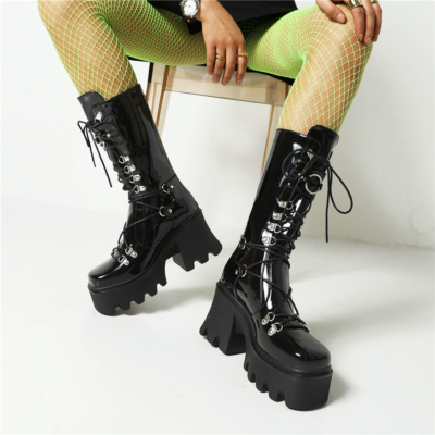 Lakleer Gothic Lace Up Vierkante Teen Platform Chunky Combat Boots met Buckle