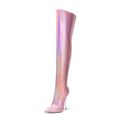 Roze holografische hakken dij hoge laarzen wijde kuit rits stiletto laarzen