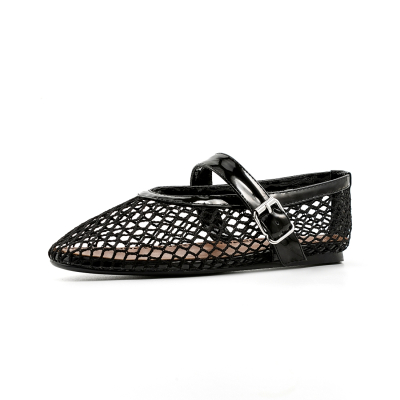 Zwarte mesh Mary Janes platte schoenen